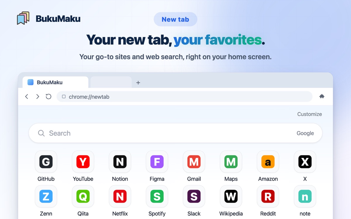 BukuMaku-startsiden i Chromes nye fane med søgefelt og fliser med favoritsider