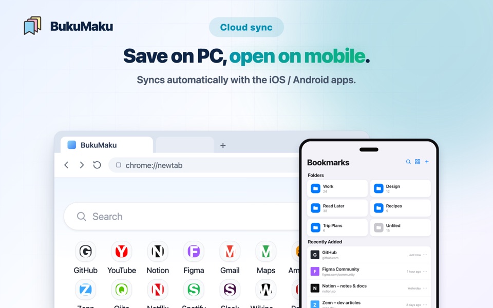 De samme bogmærker vist i pc'ens nye fane og på en mobil